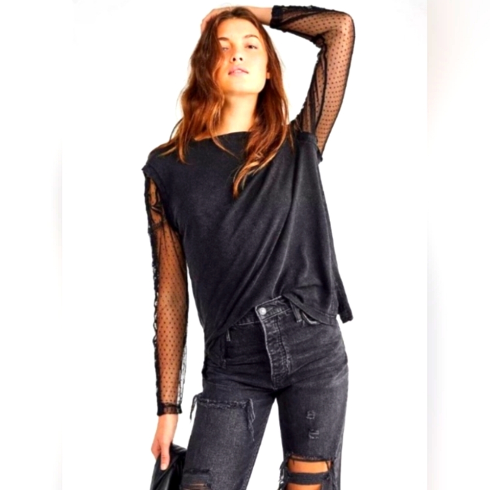 Free People black tee with lace sleeve